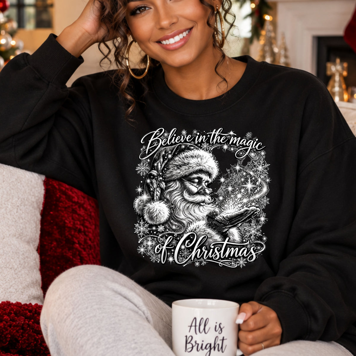 Santa Beautiful snowflake and sparkle details Gildan Crewneck Pullover Sweatshirt