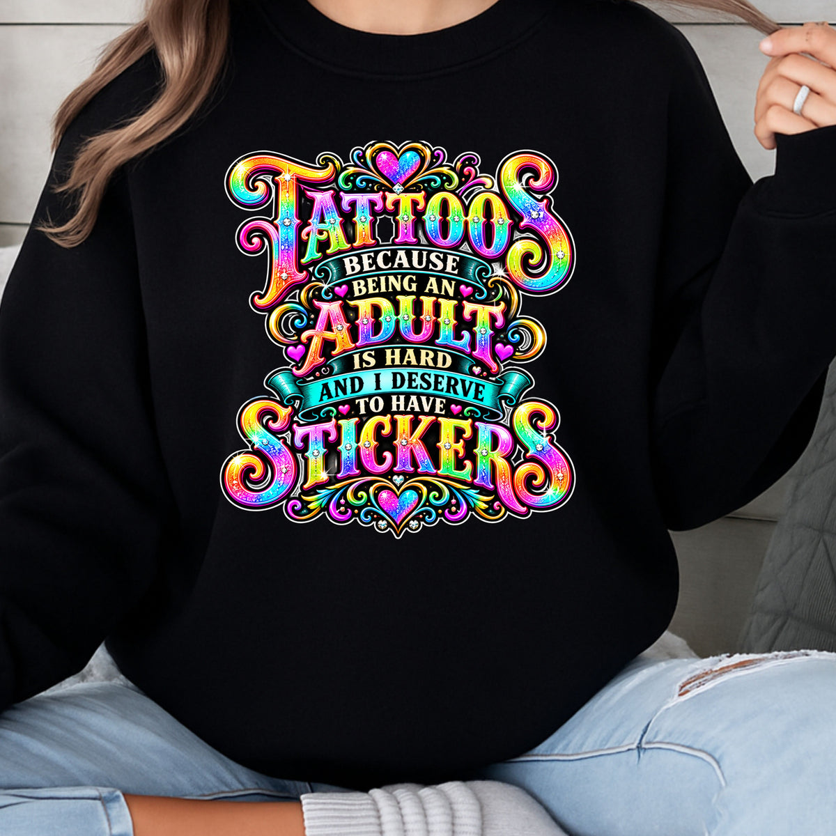 Fun Tattoos Adult Stickers Gildan Crewneck Pullover Sweatshirt