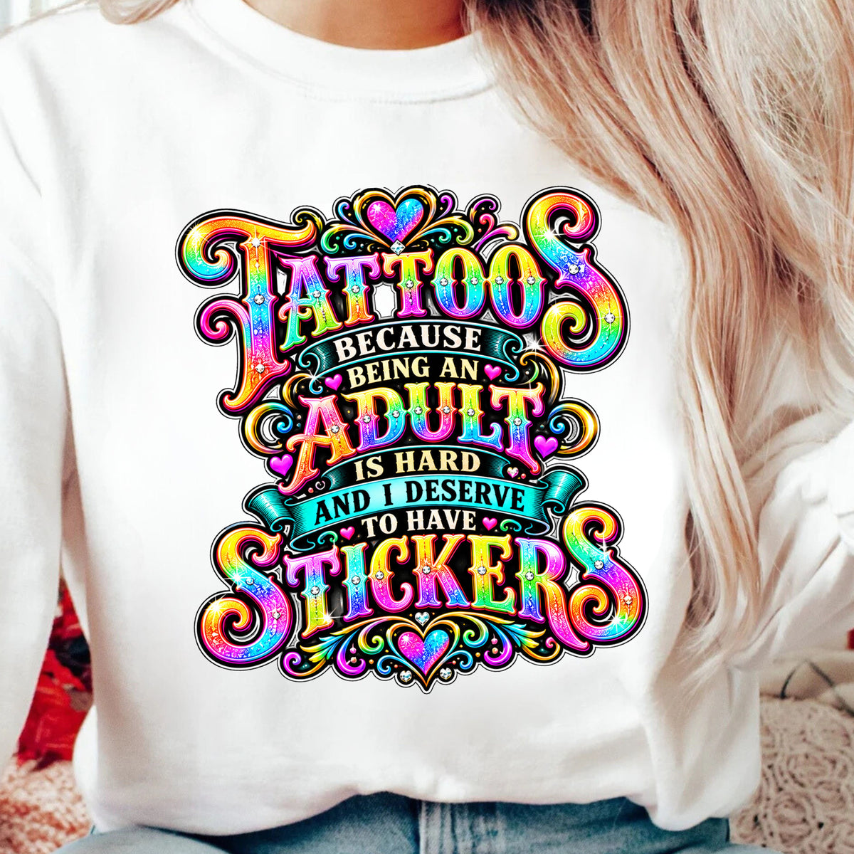 Fun Tattoos Adult Stickers Gildan Crewneck Pullover Sweatshirt